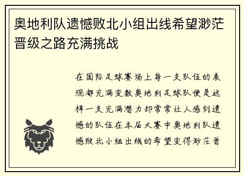 奥地利队遗憾败北小组出线希望渺茫晋级之路充满挑战