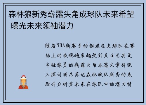 森林狼新秀崭露头角成球队未来希望 曝光未来领袖潜力