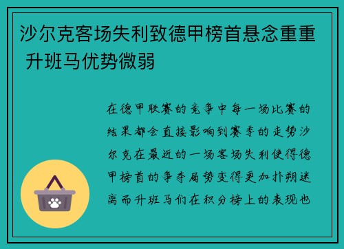 沙尔克客场失利致德甲榜首悬念重重 升班马优势微弱