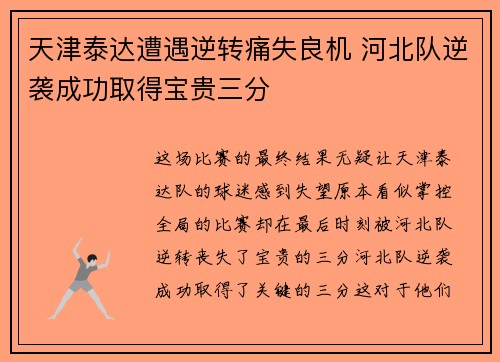 天津泰达遭遇逆转痛失良机 河北队逆袭成功取得宝贵三分