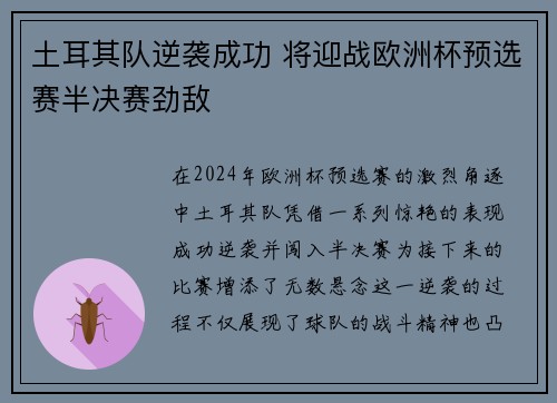 土耳其队逆袭成功 将迎战欧洲杯预选赛半决赛劲敌