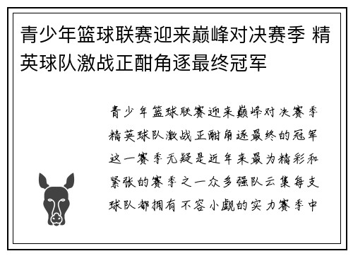 青少年篮球联赛迎来巅峰对决赛季 精英球队激战正酣角逐最终冠军