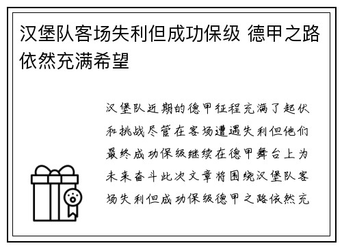 汉堡队客场失利但成功保级 德甲之路依然充满希望