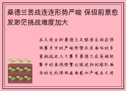 桑德兰苦战连连形势严峻 保级前景愈发渺茫挑战难度加大